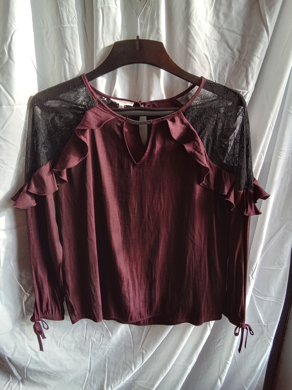 Maurices Burgundy Lace Yoke Ruffle Top M